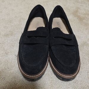 Anne Klein Black Suede Loafers with Brown Trim